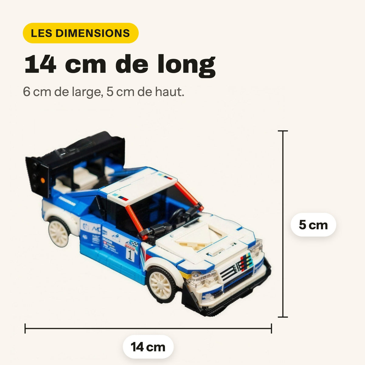 Medidas del Peugeot 405 T16 compatible con LEGO: 14 cm de largo, 6 cm de ancho y 5 cm de alto