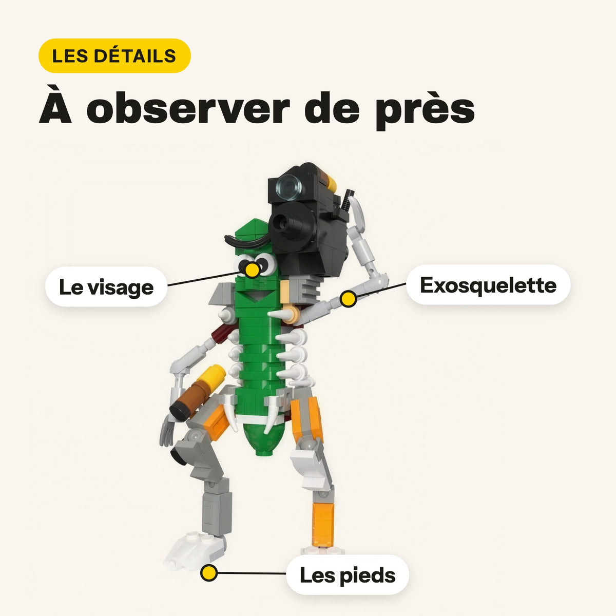 Detalles de Pickle Rick de ladrillos: cara, exoesqueleto y pies