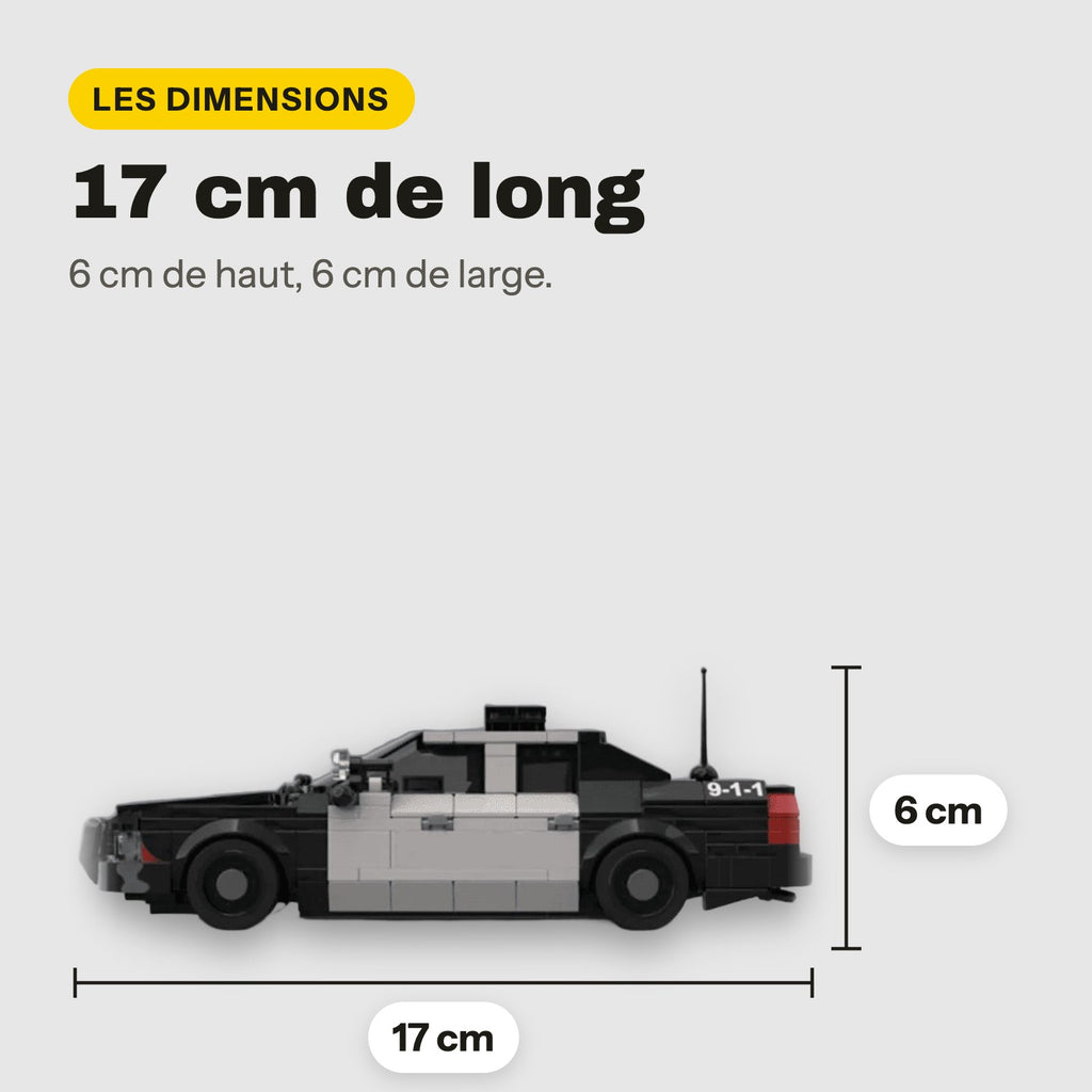 Medidas del Crown Victoria de policía para construir: 17 cm de largo, 6 cm de ancho, 6 cm de alto