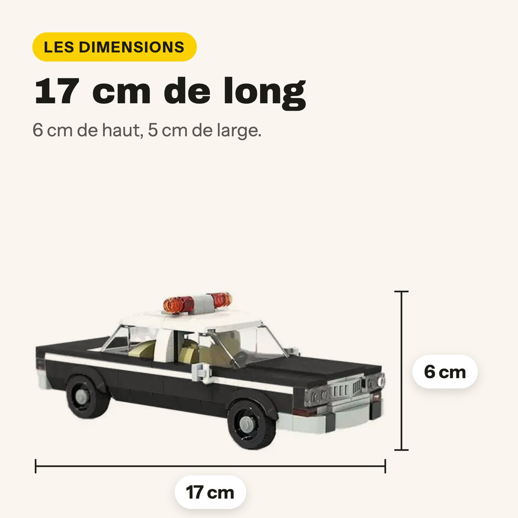Medidas del Dodge Monaco de policía de ladrillos: 17 cm de largo, 5 cm de ancho, 6 cm de alto