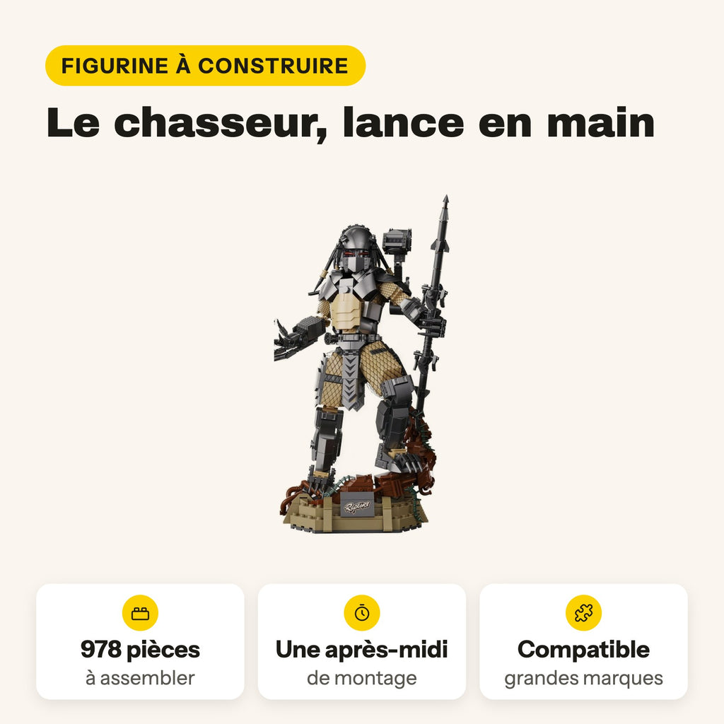 Figura de Predator para construir con ladrillos compatibles con LEGO, con lanza y peana