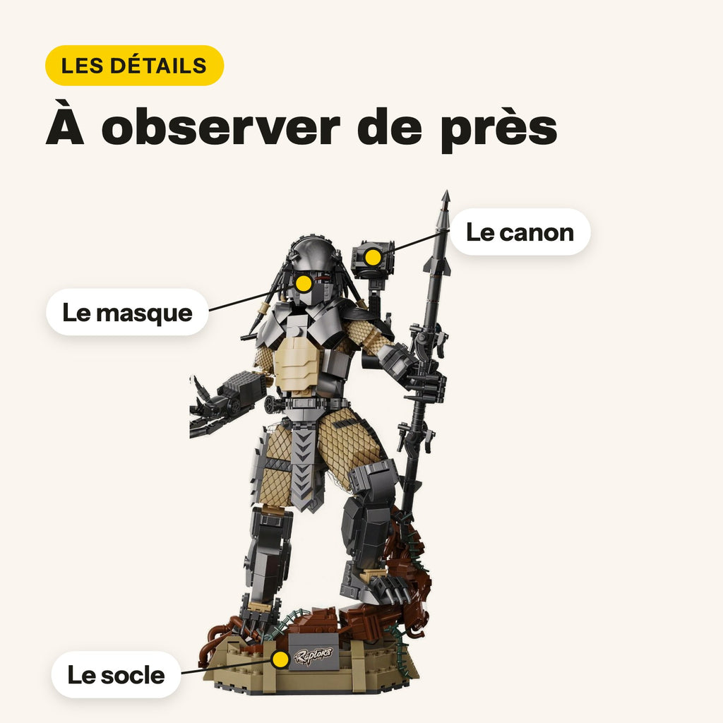 Detalles de la figura de Predator de ladrillos: máscara, cañón de hombro y peana de raíces
