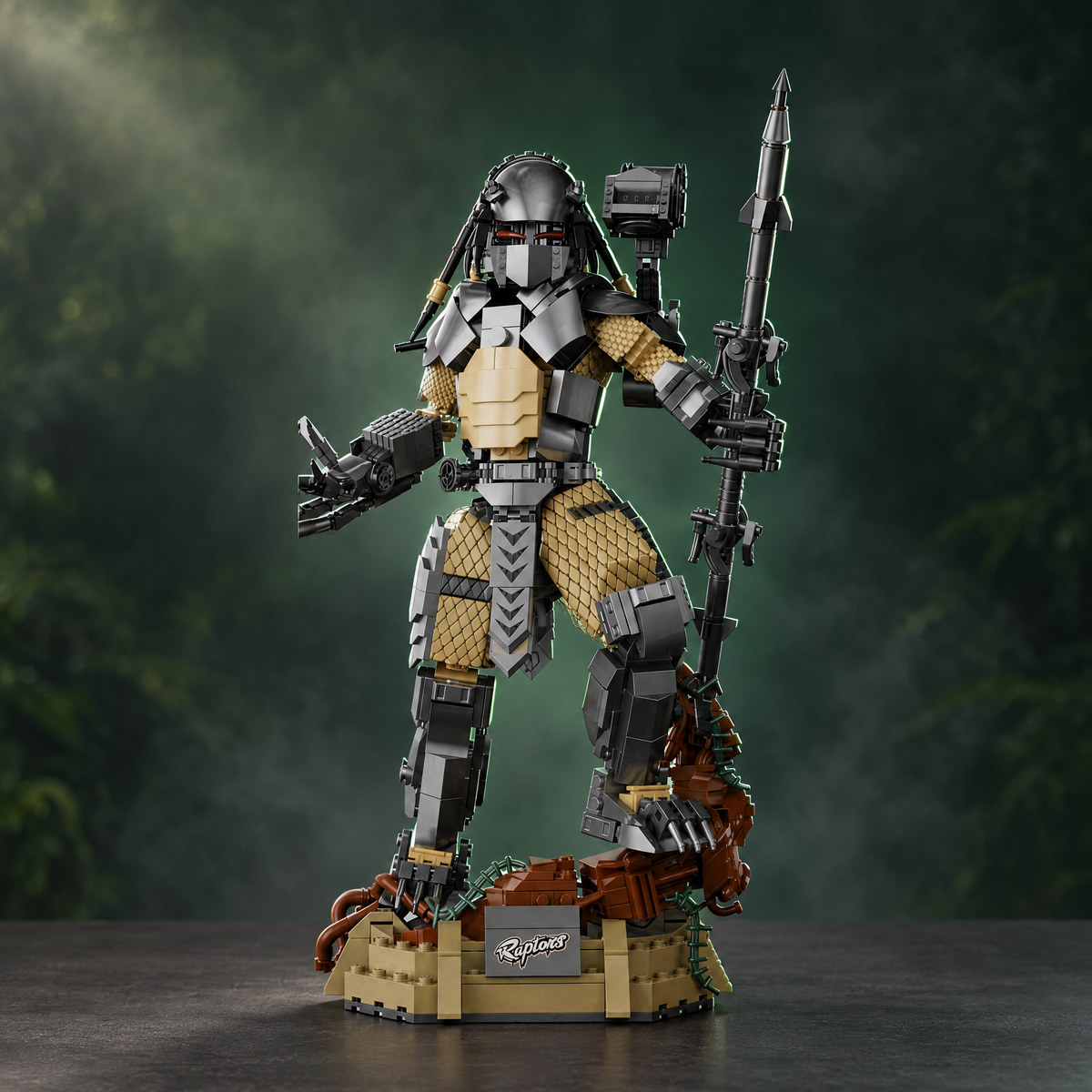 Predator de ladrillos de construcción sobre fondo verde oscuro, lanza en mano, compatible con LEGO