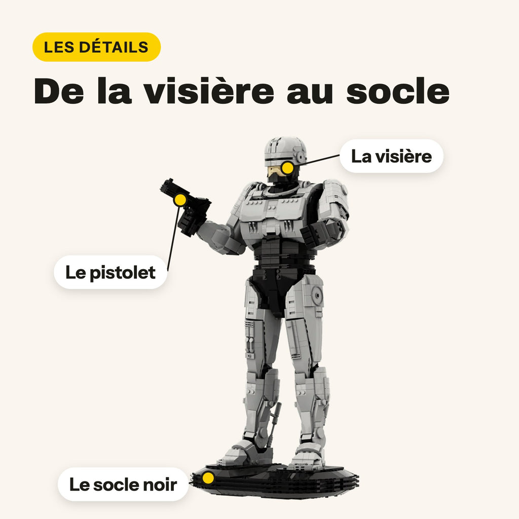 Visor, pistola y peana negra de la figura de Robocop de ladrillos de construcción