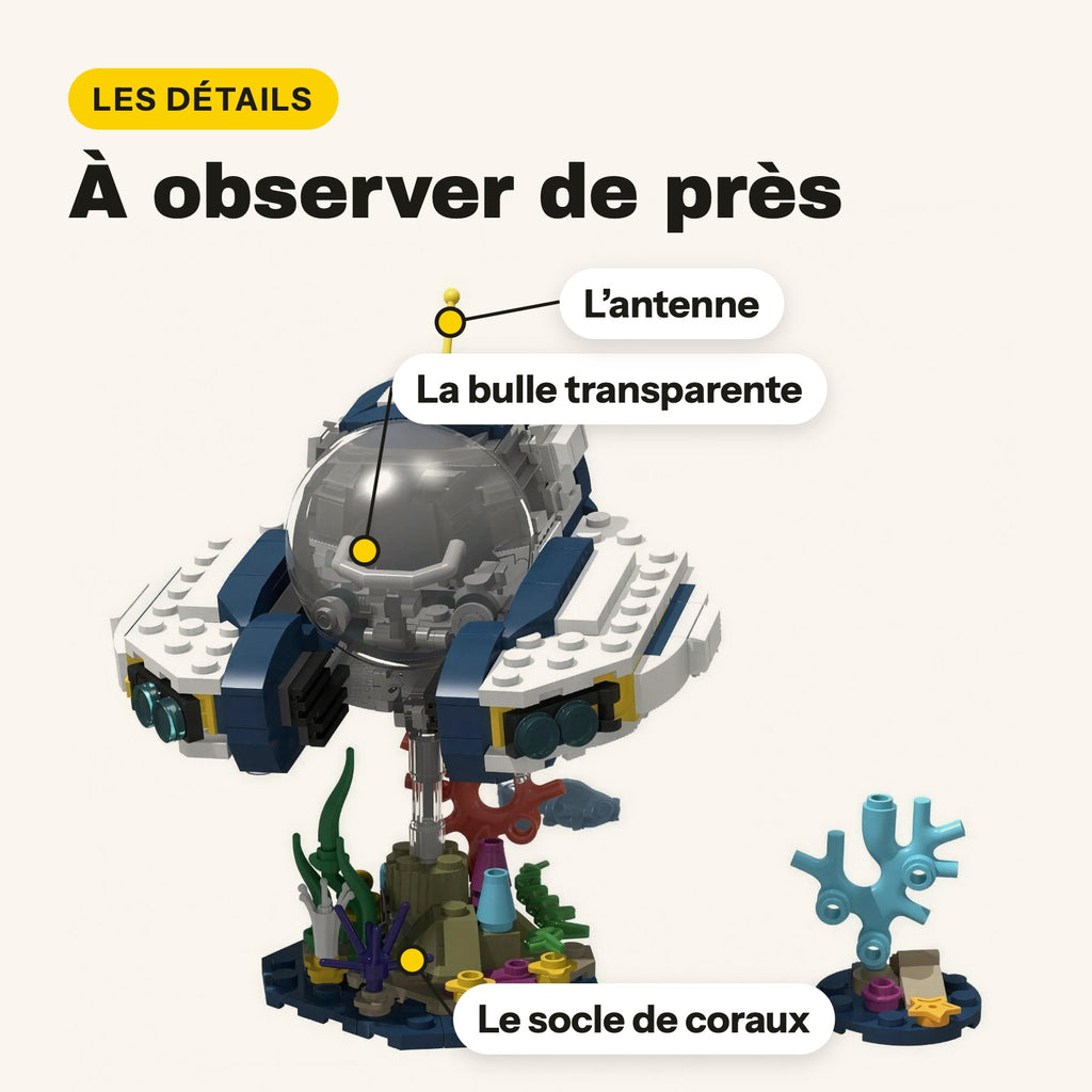 Cabina transparente, antena y base de corales del Seamoth de Subnautica de ladrillos