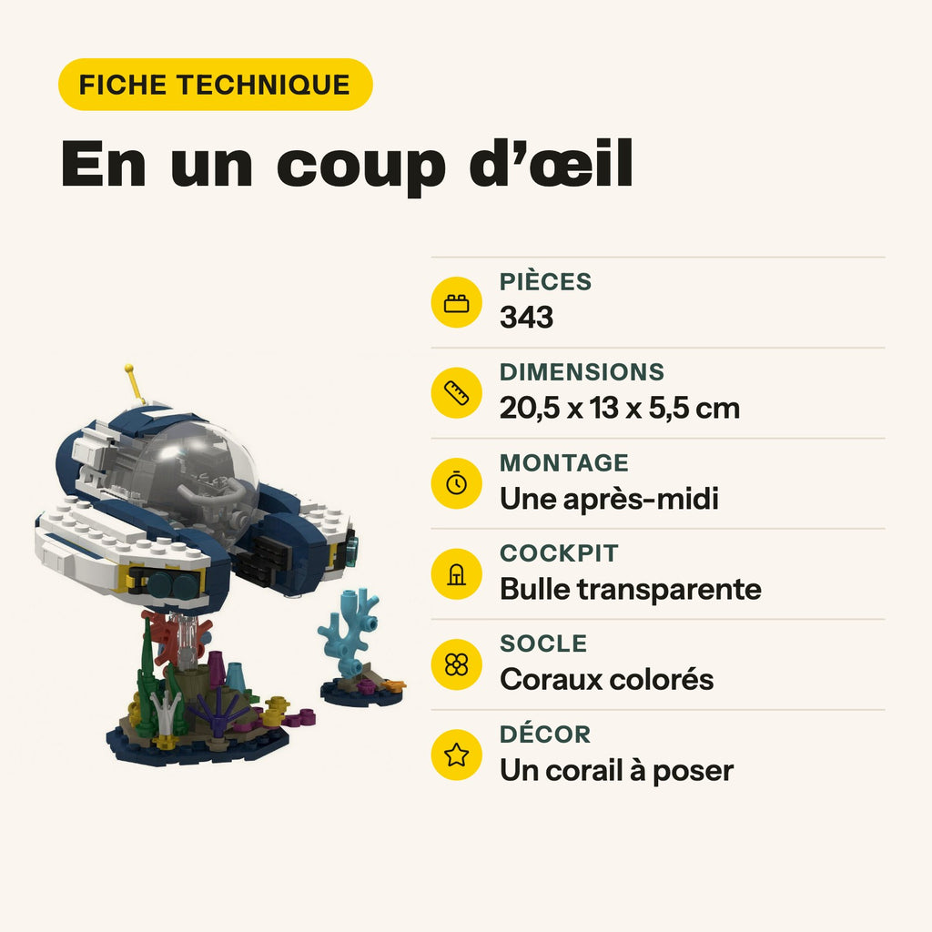 Ficha técnica del Seamoth de Subnautica para construir, 343 piezas y base de corales