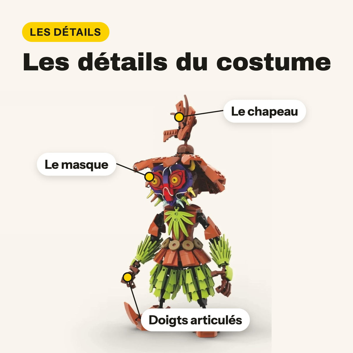 Detalles de la figura de Zelda Majora's Mask de ladrillos: sombrero, máscara y dedos articulados