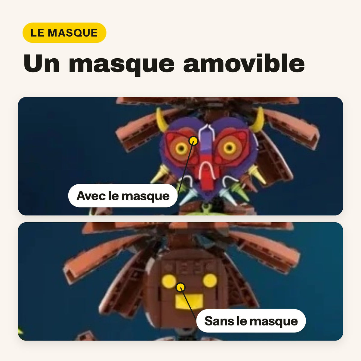 Máscara de Majora desmontable en la figura de Skull Kid de ladrillos, con y sin máscara