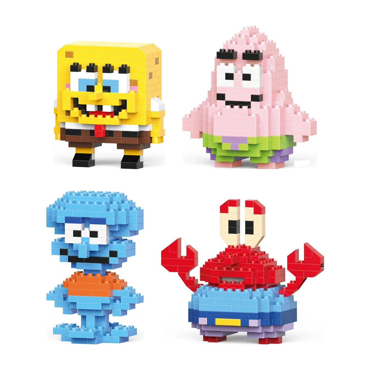 Nanoblock Bob Esponja, pack de cuatro figuras: Bob, Patricio, Calamardo y su jefe, en piezas mini