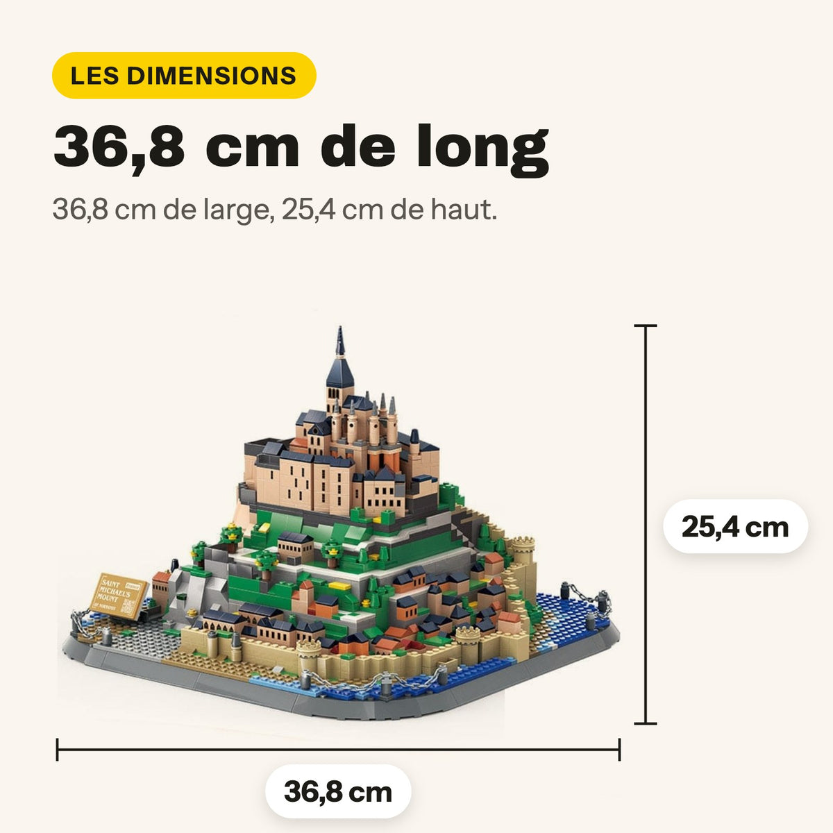 Dimensions du Mont Saint-Michel en briques : 36,8 x 36,8 cm de base, 25,4 cm de haut