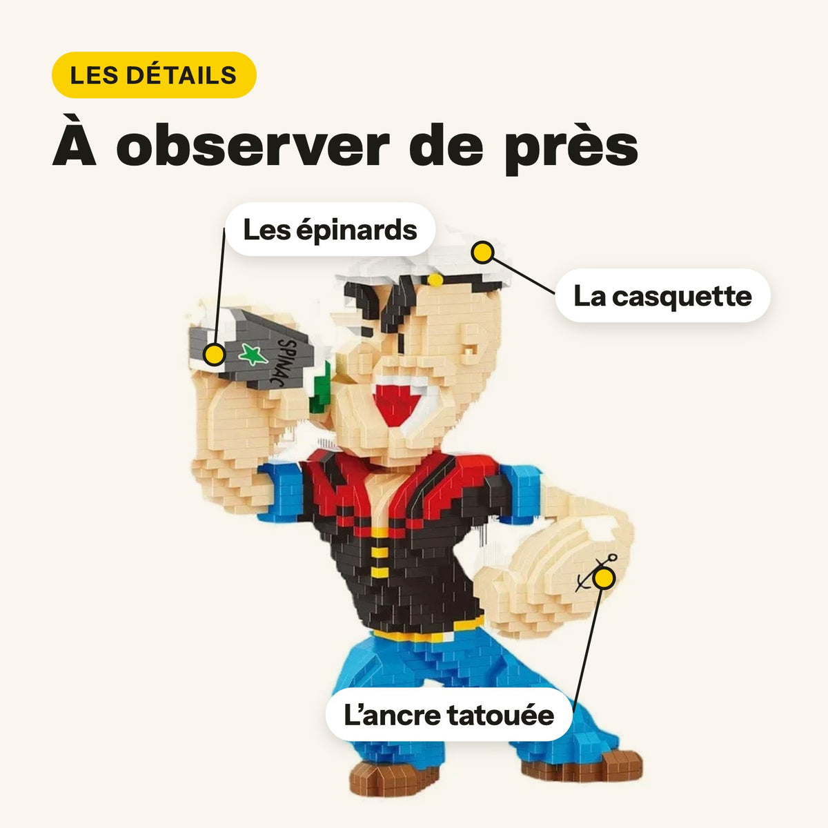 Détails de la figurine Popeye en briques : casquette de marin, boîte d'épinards et ancre tatouée