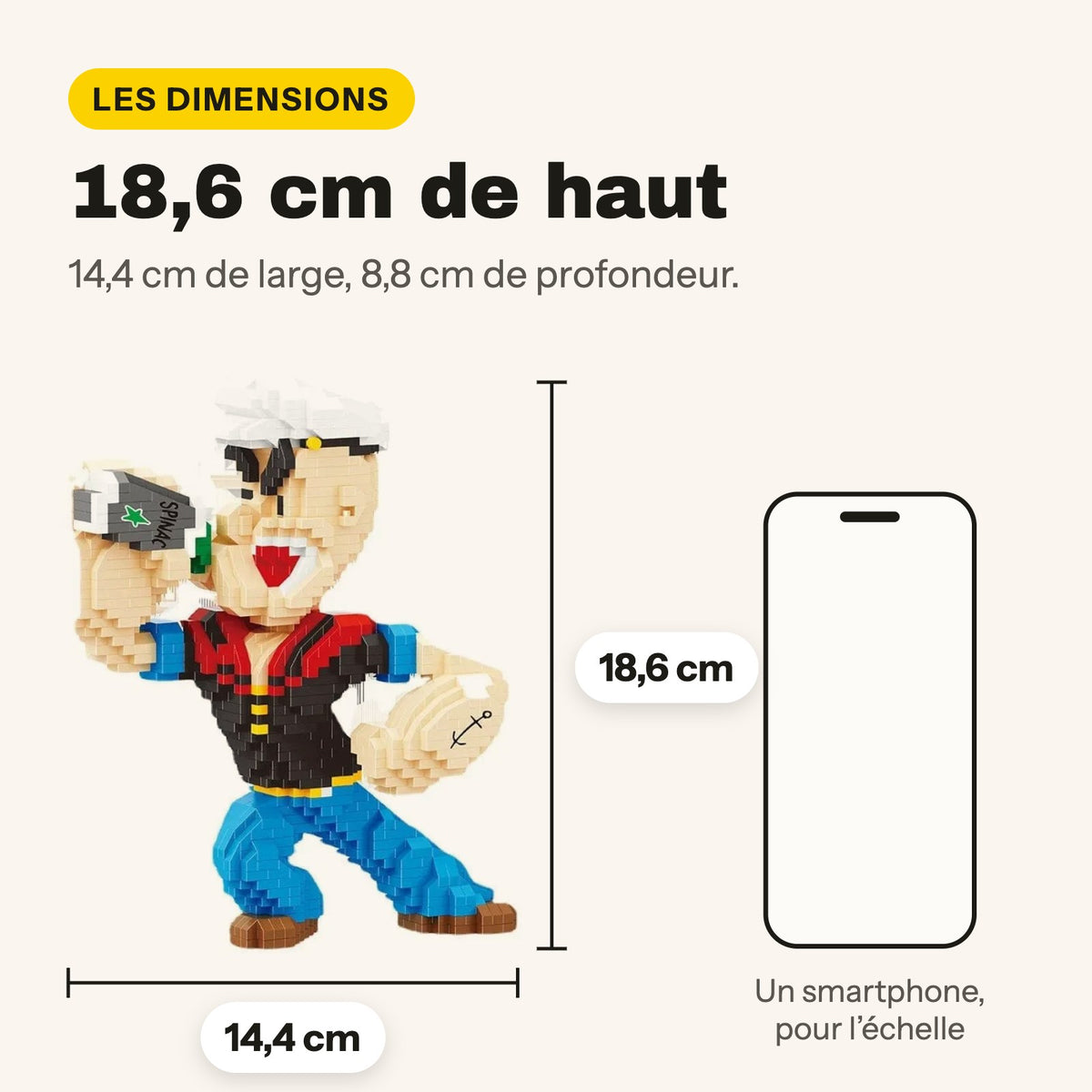 Dimensions de la figurine Popeye à construire : 18,6 cm de haut, 14,4 x 8,8 cm