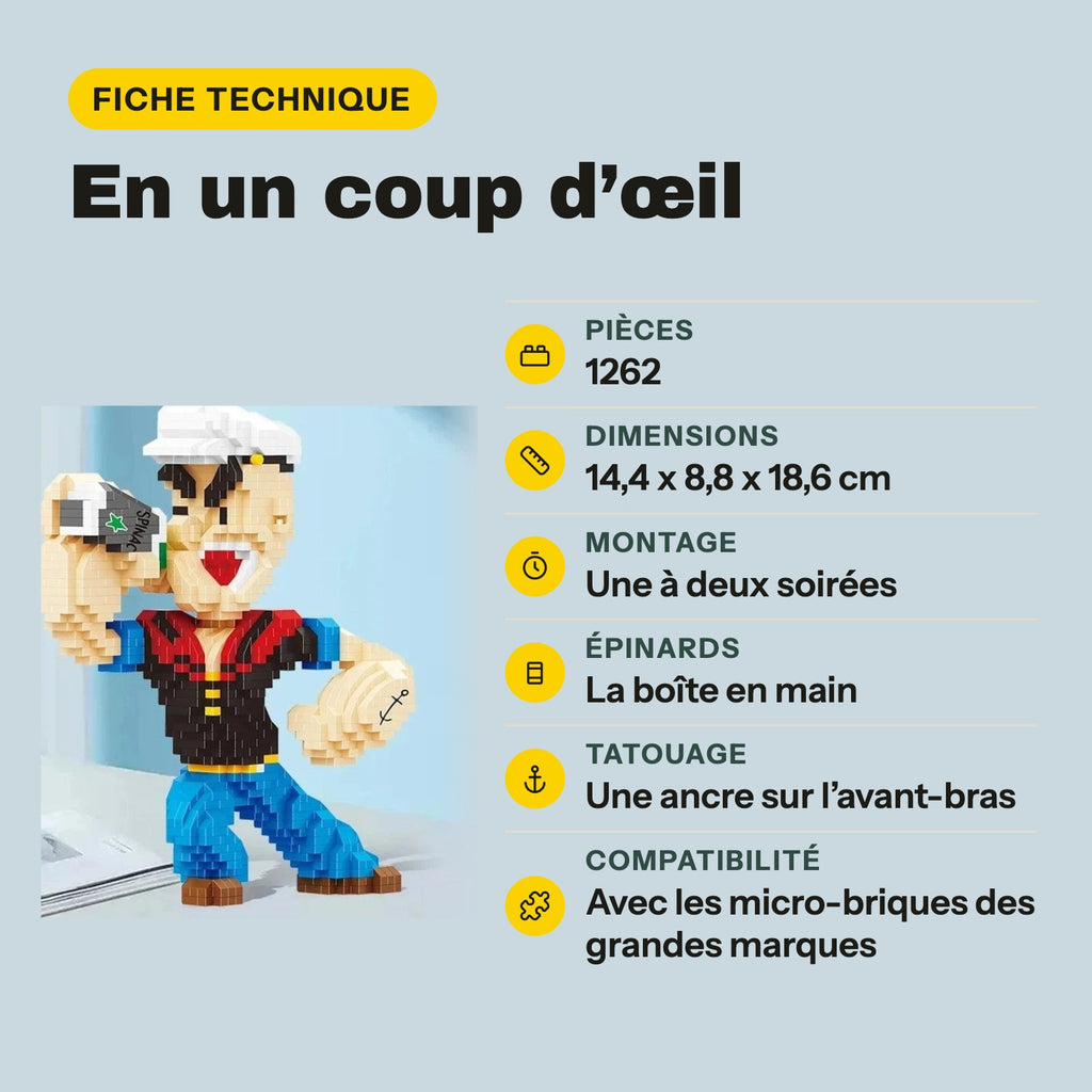 Fiche technique de la figurine Popeye en micro-briques, 1262 pièces, montage en une à deux soirées