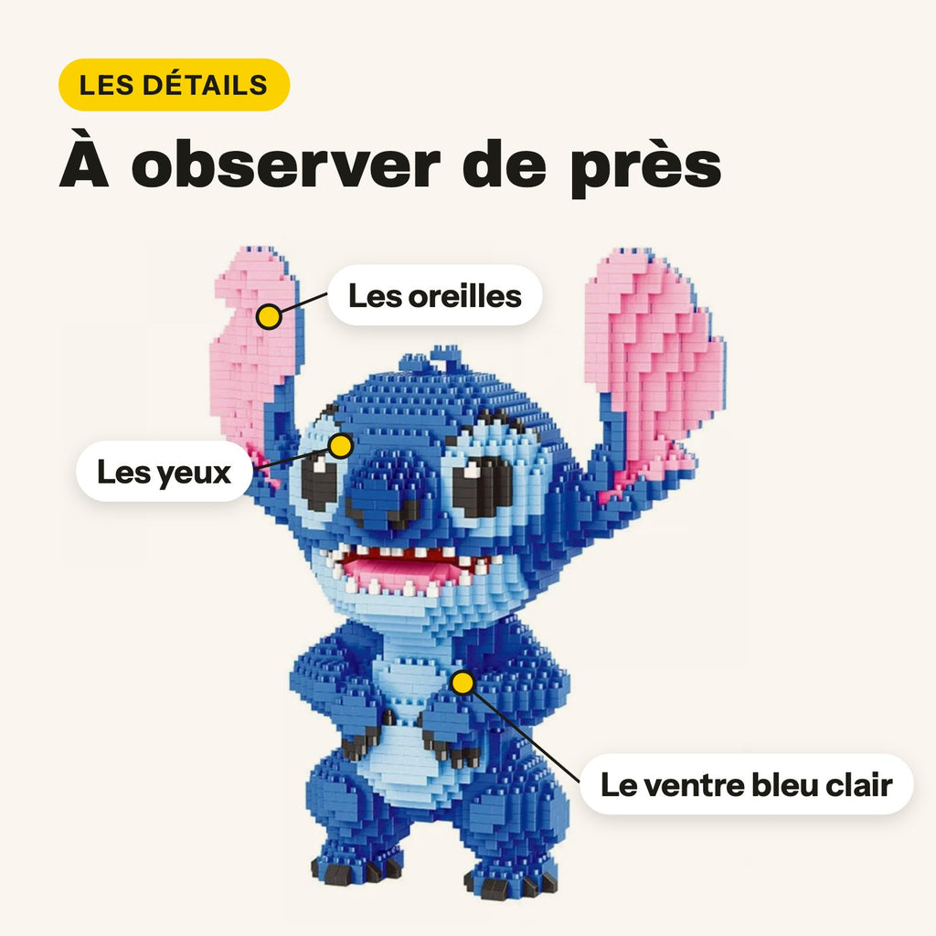 Detalle de las orejas rosas, los ojos y la barriga del Nanoblock Stitch