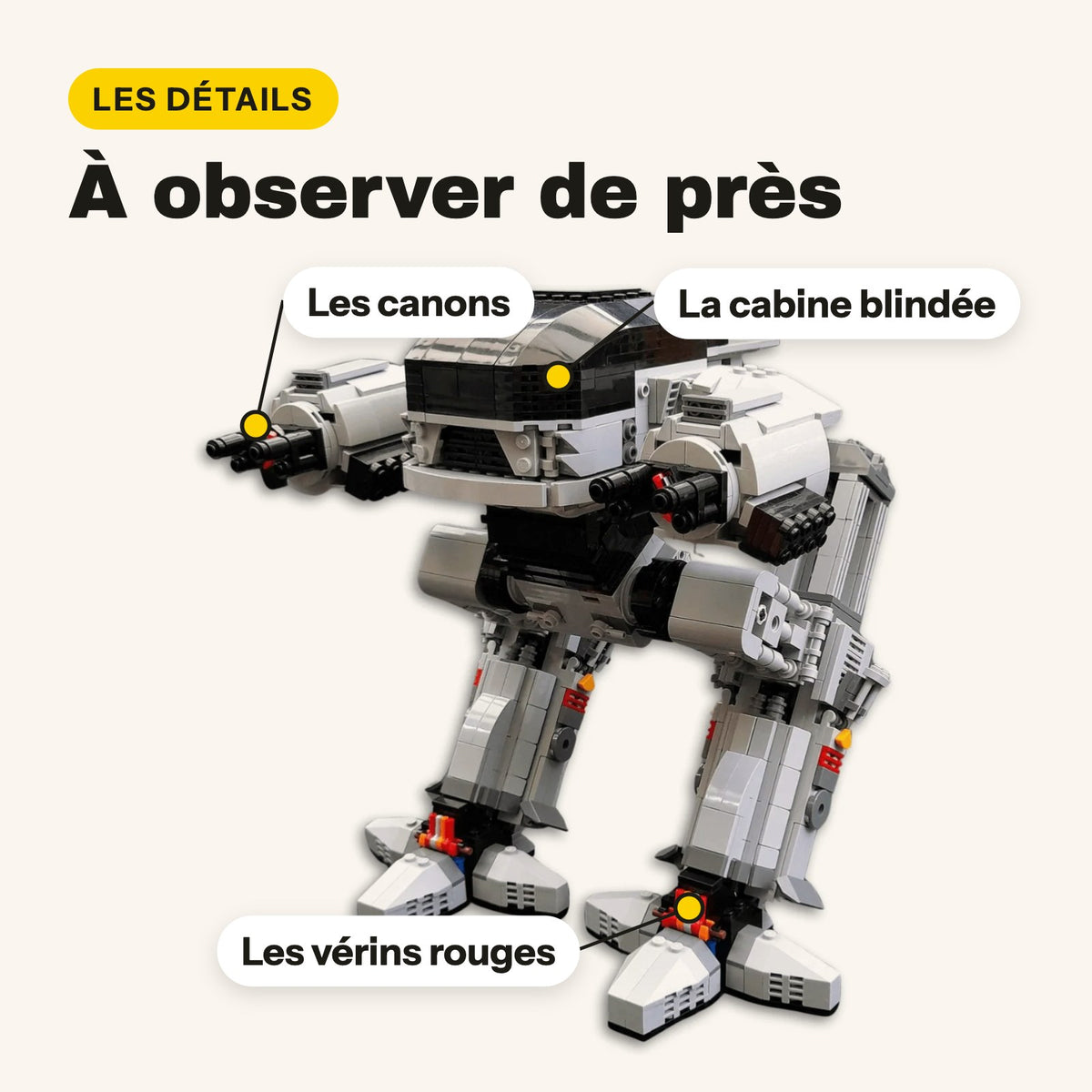 Detalles del robot ED-209 de RoboCop de ladrillos: cañones, cabina blindada, pistones rojos