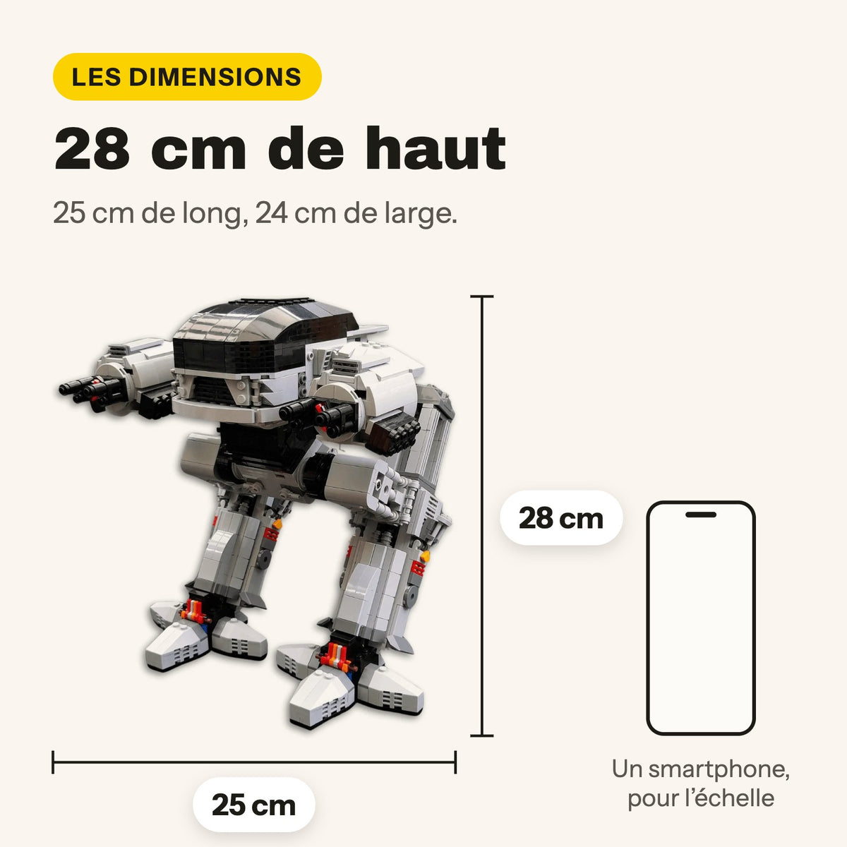Medidas del ED-209 de RoboCop compatible con LEGO: 28 cm de alto, 25 x 24 cm