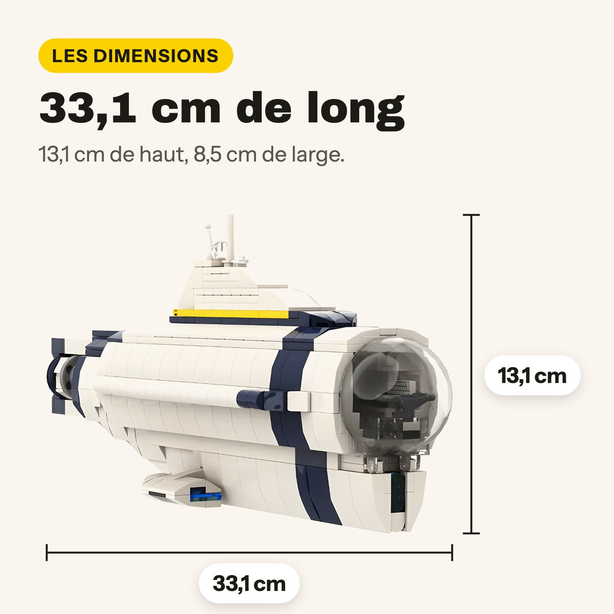 Medidas del submarino Cyclops de Subnautica de ladrillos de construcción: 33,1 x 8,5 x 13,1 cm