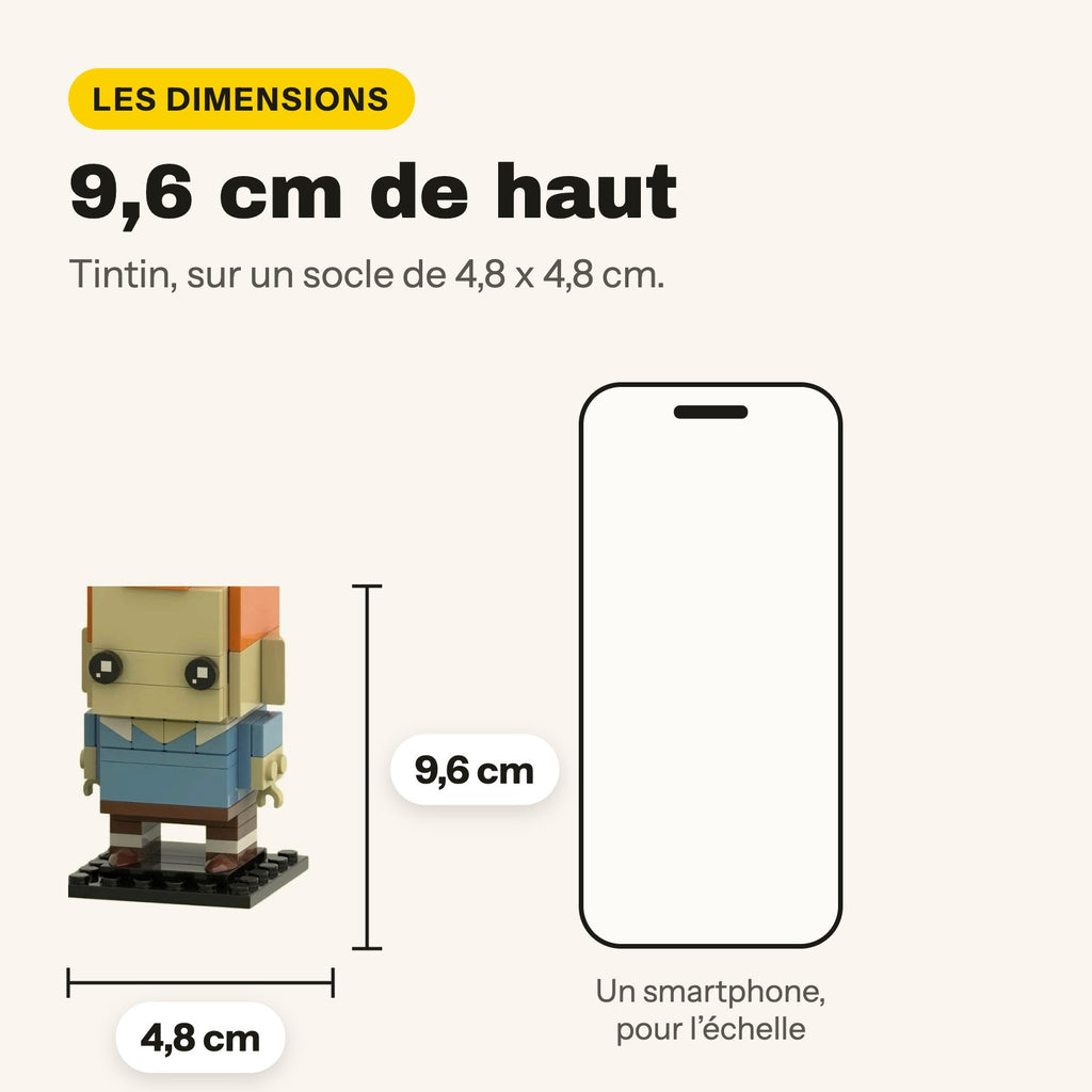 Figura de Tintín con ladrillos compatibles con LEGO, sobre su peana