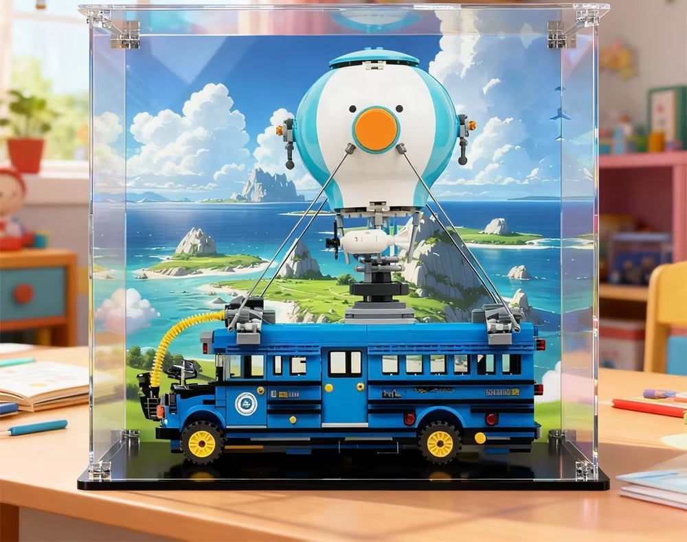 Vitrine LEGO Fortnite pour le Battle Bus avec fond d'île
