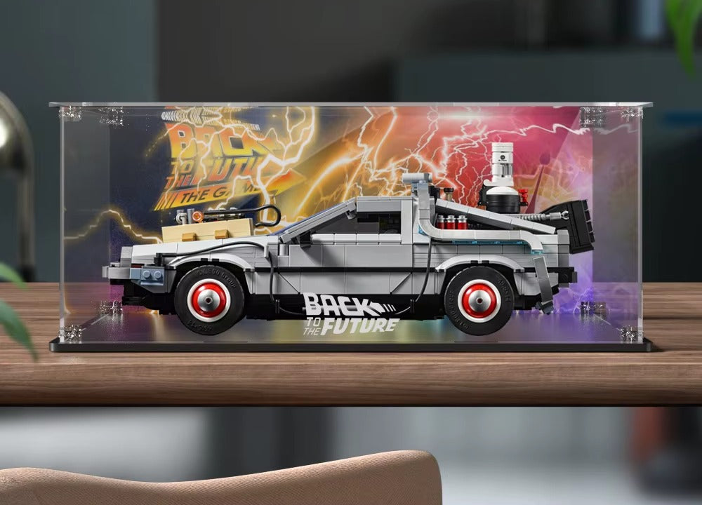Vitrine LEGO Retour vers le Futur avec fond d'éclairs
