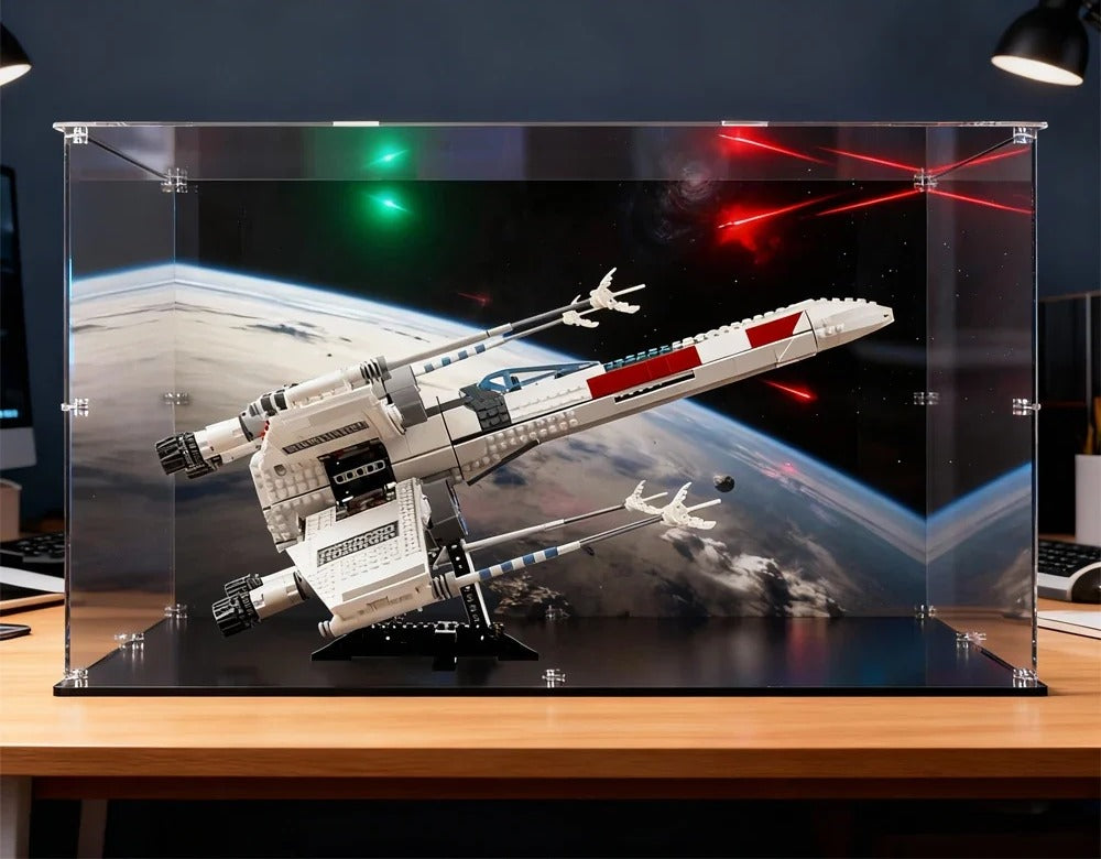 Vitrine LEGO Star Wars X-Wing avec fond spatial